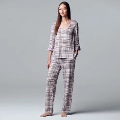 Women's Simply Vera Vera Wang 3/4 Sleeve Pajama Top & Pajama Pants Set Ivory Animal -Simply Vera Vera Wang STORE unnamed file 1061