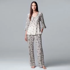 Women's Simply Vera Vera Wang 3/4 Sleeve Pajama Top & Pajama Pants Set Ivory Animal -Simply Vera Vera Wang STORE unnamed file 1062