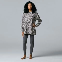 Women's Simply Vera Vera Wang Stretch Fleece Long Sleeve Tunic And Leggings Set Gray Hthr Animal