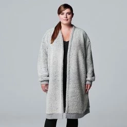 Plus Size Simply Vera Vera Wang Plush Sherpa Long Sleeve Long Open Front Long Cardigan Gray