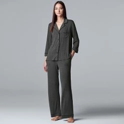 Women's Simply Vera Vera Wang Basic Luxury ¾ Sleeve Pajama Shirt & Pants Sleep Set Black -Simply Vera Vera Wang STORE unnamed file 1167