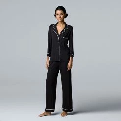 Women's Simply Vera Vera Wang Basic Luxury ¾ Sleeve Pajama Shirt & Pants Sleep Set Black -Simply Vera Vera Wang STORE unnamed file 1168