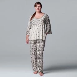 Plus Size Simply Vera Vera Wang 3/4 Sleeve Pajama Top & Pajama Pants Set Lilac Plaid -Simply Vera Vera Wang STORE unnamed file 1319