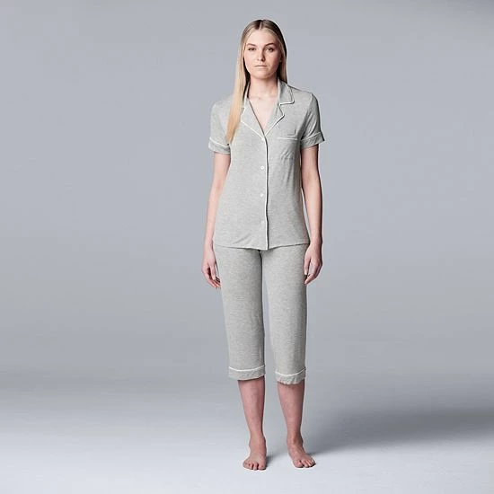 Women's Simply Vera Vera Wang Basic Luxury Notch Collar Pajama Shirt & Pajama Capris Set Black 2 Women's Simply Vera Vera Wang Basic Luxury Notch Collar Pajama Shirt & Pajama Capris Set Black - Image 2