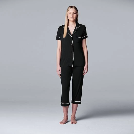 Women's Simply Vera Vera Wang Basic Luxury Notch Collar Pajama Shirt & Pajama Capris Set Black 3 Women's Simply Vera Vera Wang Basic Luxury Notch Collar Pajama Shirt & Pajama Capris Set Black - Image 3