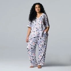Plus Size Simply Vera Vera Wang Cozy Short Sleeve Pajama Top & Pajama Pants Sleep Set Black Floral