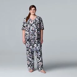 Plus Size Simply Vera Vera Wang Cozy Short Sleeve Pajama Top & Pajama Pants Sleep Set Black Floral -Simply Vera Vera Wang STORE unnamed file 1444