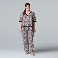 Plus Size Simply Vera Vera Wang Cozy Short Sleeve Pajama Top & Pajama Pants Sleep Set Black Floral -Simply Vera Vera Wang STORE unnamed file 1445