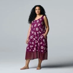 Plus Size Simply Vera Vera Wang Long Chemise With Chiffon And Satin Trim Aubergine Floral -Simply Vera Vera Wang STORE unnamed file 1495