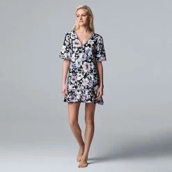 Women's Simply Vera Vera Wang Cozy Short Sleeve Sleepshirt Black Floral -Simply Vera Vera Wang STORE unnamed file 1541