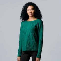 Petite Simply Vera Vera Wang Traveling Cable-Knit Crewneck Sweater Persian Teal Heather