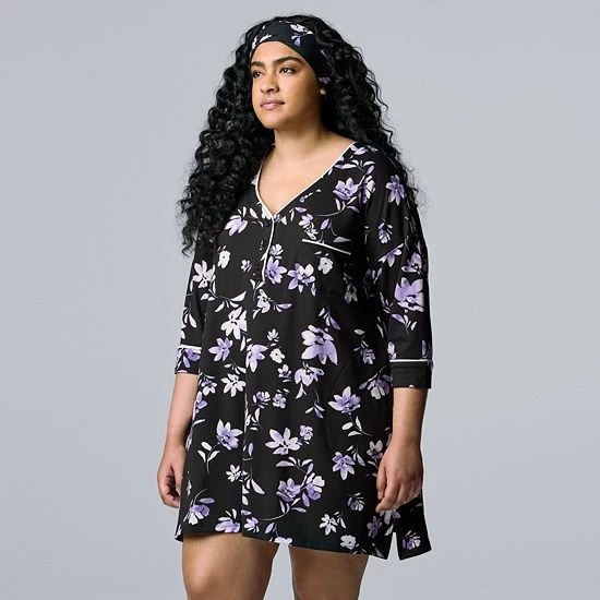 Plus Size Simply Vera Vera Wang 3/4 Sleeve Cozy Henley Sleepshirt With Matching Headband Black Dot 3 Plus Size Simply Vera Vera Wang 3/4 Sleeve Cozy Henley Sleepshirt With Matching Headband Black Dot - Image 3