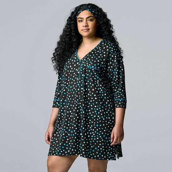 Plus Size Simply Vera Vera Wang 3/4 Sleeve Cozy Henley Sleepshirt With Matching Headband Black Dot 4 Plus Size Simply Vera Vera Wang 3/4 Sleeve Cozy Henley Sleepshirt With Matching Headband Black Dot - Image 4