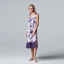 Women's Simply Vera Vera Wang Long Chemise With Chiffon And Satin Trim Aubergine Floral
