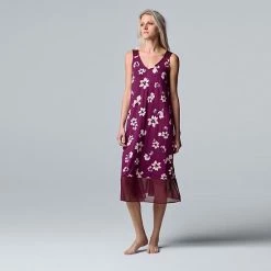 Women's Simply Vera Vera Wang Long Chemise With Chiffon And Satin Trim Aubergine Floral -Simply Vera Vera Wang STORE unnamed file 1584