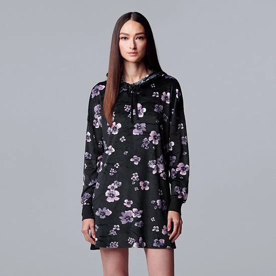 Women's Simply Vera Vera Wang Velour Long Sleeve Hooded Sleepshirt Plum Floral 3 Women's Simply Vera Vera Wang Velour Long Sleeve Hooded Sleepshirt Plum Floral - Image 3