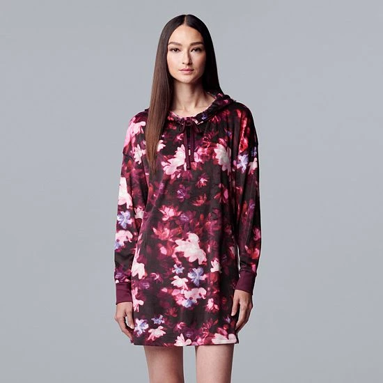 Women's Simply Vera Vera Wang Velour Long Sleeve Hooded Sleepshirt Plum Floral 4 Women's Simply Vera Vera Wang Velour Long Sleeve Hooded Sleepshirt Plum Floral - Image 4