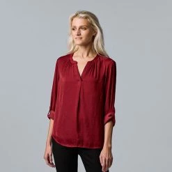 Women's Simply Vera Vera Wang Roll-Tab Sleeve Popover Blouse Tahlia Plum -Simply Vera Vera Wang STORE unnamed file 169