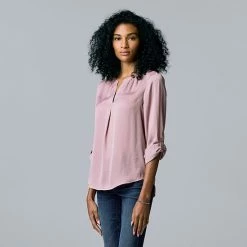 Women's Simply Vera Vera Wang Roll-Tab Sleeve Popover Blouse Tahlia Plum -Simply Vera Vera Wang STORE unnamed file 176