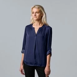 Women's Simply Vera Vera Wang Roll-Tab Sleeve Popover Blouse Tahlia Plum -Simply Vera Vera Wang STORE unnamed file 180