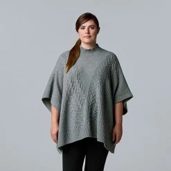 Plus Size Simply Vera Vera Wang Cable Knit Poncho Med Studio Heather