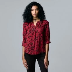 Women's Simply Vera Vera Wang Roll-Tab Sleeve Popover Blouse Tahlia Plum -Simply Vera Vera Wang STORE unnamed file 183