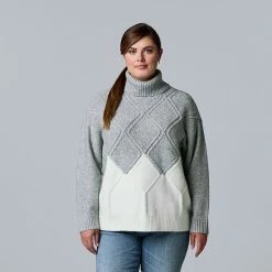 Plus Size Simply Vera Vera Wang Argyle Colorblock Turtleneck Sweater Marshmallow Taupe -Simply Vera Vera Wang STORE unnamed file 2042