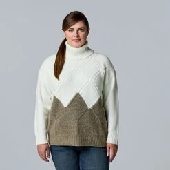 Plus Size Simply Vera Vera Wang Argyle Colorblock Turtleneck Sweater Marshmallow Taupe -Simply Vera Vera Wang STORE unnamed file 2043