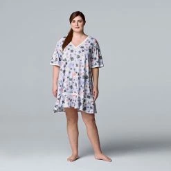 Plus Size Simply Vera Vera Wang Cozy Short Sleeve Sleepshirt Black Floral