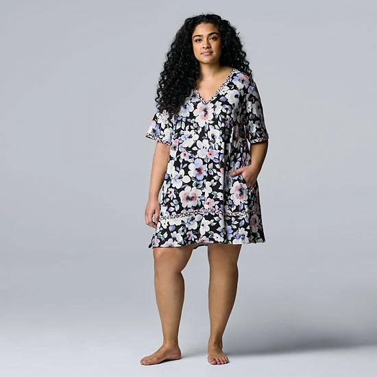 Plus Size Simply Vera Vera Wang Cozy Short Sleeve Sleepshirt Black Floral 3 Plus Size Simply Vera Vera Wang Cozy Short Sleeve Sleepshirt Black Floral - Image 3