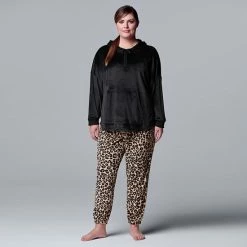 Plus Size Simply Vera Vera Wang Velour Pajama Top & Banded Bottom Pajama Pants Set Plum Stripe