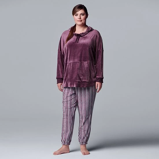 Plus Size Simply Vera Vera Wang Velour Pajama Top & Banded Bottom Pajama Pants Set Plum Stripe 4 Plus Size Simply Vera Vera Wang Velour Pajama Top & Banded Bottom Pajama Pants Set Plum Stripe - Image 4