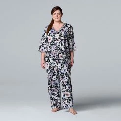 Plus Size Simply Vera Vera Wang Cozy 3/4 Sleeve Pajama Top & Pajama Pants Sleep Set Lilac Floral -Simply Vera Vera Wang STORE unnamed file 2193