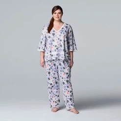Plus Size Simply Vera Vera Wang Cozy 3/4 Sleeve Pajama Top & Pajama Pants Sleep Set Lilac Floral -Simply Vera Vera Wang STORE unnamed file 2194