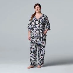 Plus Size Simply Vera Vera Wang Cozy 3/4 Sleeve Pajama Top & Pajama Pants Sleep Set Lilac Floral -Simply Vera Vera Wang STORE unnamed file 2195