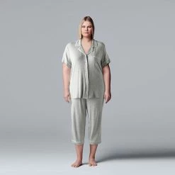 Plus Size Simply Vera Vera Wang Basic Luxury Pajama Shirt & Pajama Capris Set Light Heather Gray
