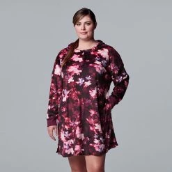 Plus Size Simply Vera Vera Wang Velour Long Sleeve Hooded Sleepshirt Black Floral