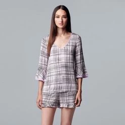 Women's Simply Vera Vera Wang 3/4 Sleeve Pajama Top & Pajama Boxer Shorts Set Lilac Plaid -Simply Vera Vera Wang STORE unnamed file 2421