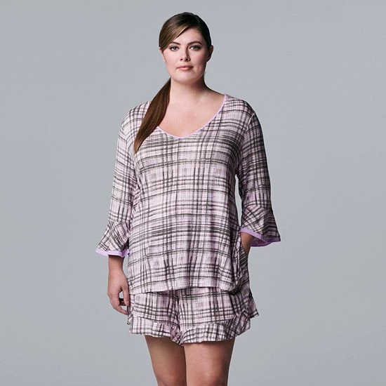 Plus Size Simply Vera Vera Wang 3/4 Sleeve Pajama Top & Pajama Boxer Shorts Set Lilac Plaid 5 Plus Size Simply Vera Vera Wang 3/4 Sleeve Pajama Top & Pajama Boxer Shorts Set Lilac Plaid - Image 5