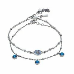 Simply Vera Vera Wang Light Hematite Tone Blue Crystal Evil Eye Anklet Set Of 2