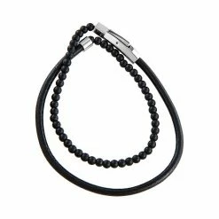 Simply Vera Vera Wang Men's Black Agate & Black Leather Wrap Bracelet