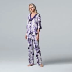 Women's Simply Vera Vera Wang 3/4 Sleeve Pajama Top And Pajama Pants Sleep Set With Satin Trim Black Ditsy