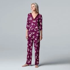 Women's Simply Vera Vera Wang 3/4 Sleeve Pajama Top And Pajama Pants Sleep Set With Satin Trim Black Ditsy -Simply Vera Vera Wang STORE unnamed file 344