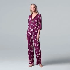 Women's Simply Vera Vera Wang 3/4 Sleeve Pajama Top And Pajama Pants Sleep Set With Satin Trim Black Ditsy -Simply Vera Vera Wang STORE unnamed file 346