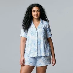 Plus Size Simply Vera Vera Wang Cozy Short Sleeve Pajama Shirt & Boxer Shorts Sleep Set Gray Floral