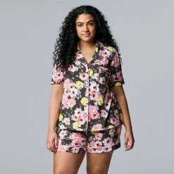 Plus Size Simply Vera Vera Wang Cozy Short Sleeve Pajama Shirt & Boxer Shorts Sleep Set Gray Floral -Simply Vera Vera Wang STORE unnamed file 3531