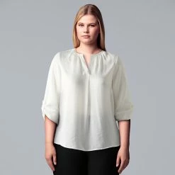 Plus Size Simply Vera Vera Wang Roll-Tab Blouse White Knight