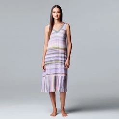 Women's Simply Vera Vera Wang Satin-Trim Midi Chemise Lavender Ombre Stripe -Simply Vera Vera Wang STORE unnamed file 3806