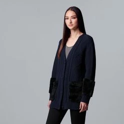 Petite Simply Vera Vera Wang Faux Fur Coatigan Charcoal Heather