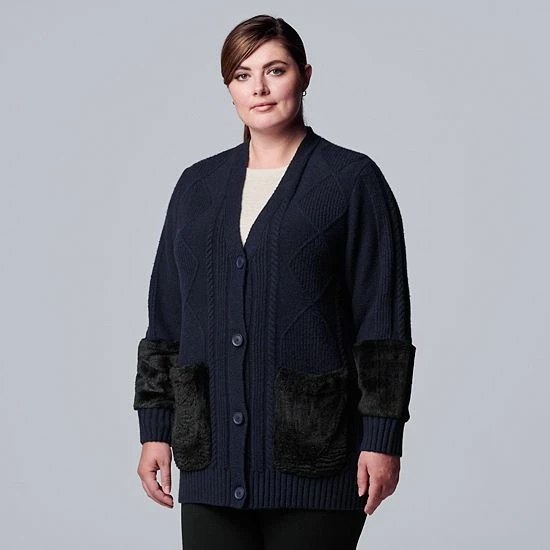 Plus Size Simply Vera Vera Wang Faux-Fur Trim Cable-Knit Coatigan Sky Captain 3 Plus Size Simply Vera Vera Wang Faux-Fur Trim Cable-Knit Coatigan Sky Captain - Image 3